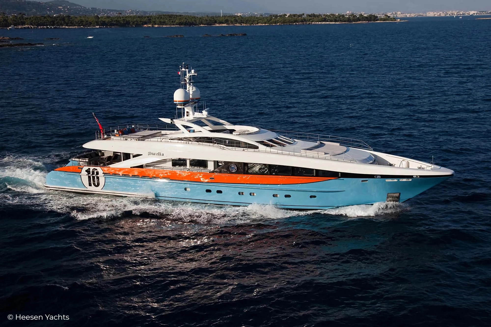 Aurelia A 37m Heesen yacht, stands out with baby blue hull. Illuminated Yacht Sign from Lumenautica.